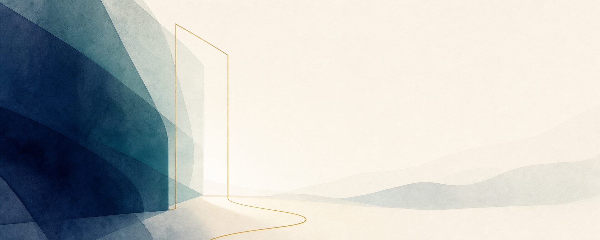 Abstract artwork of an open doorway with a path forward in navy, teal, and gold