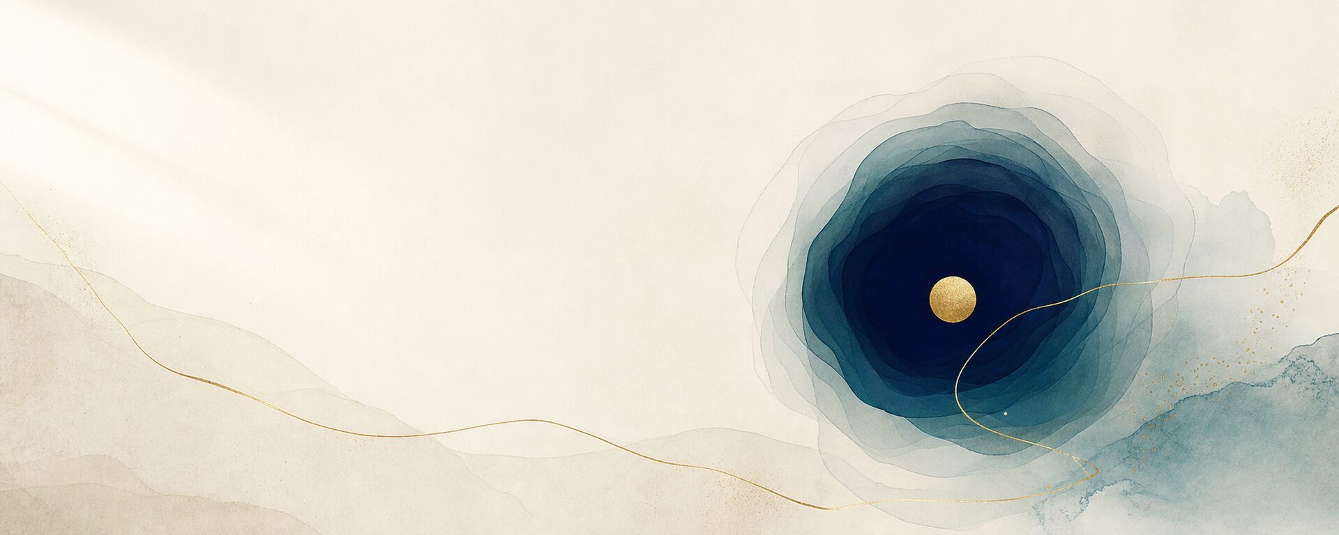 Abstract artwork suggesting precision and a single point of focus in navy, teal, and gold