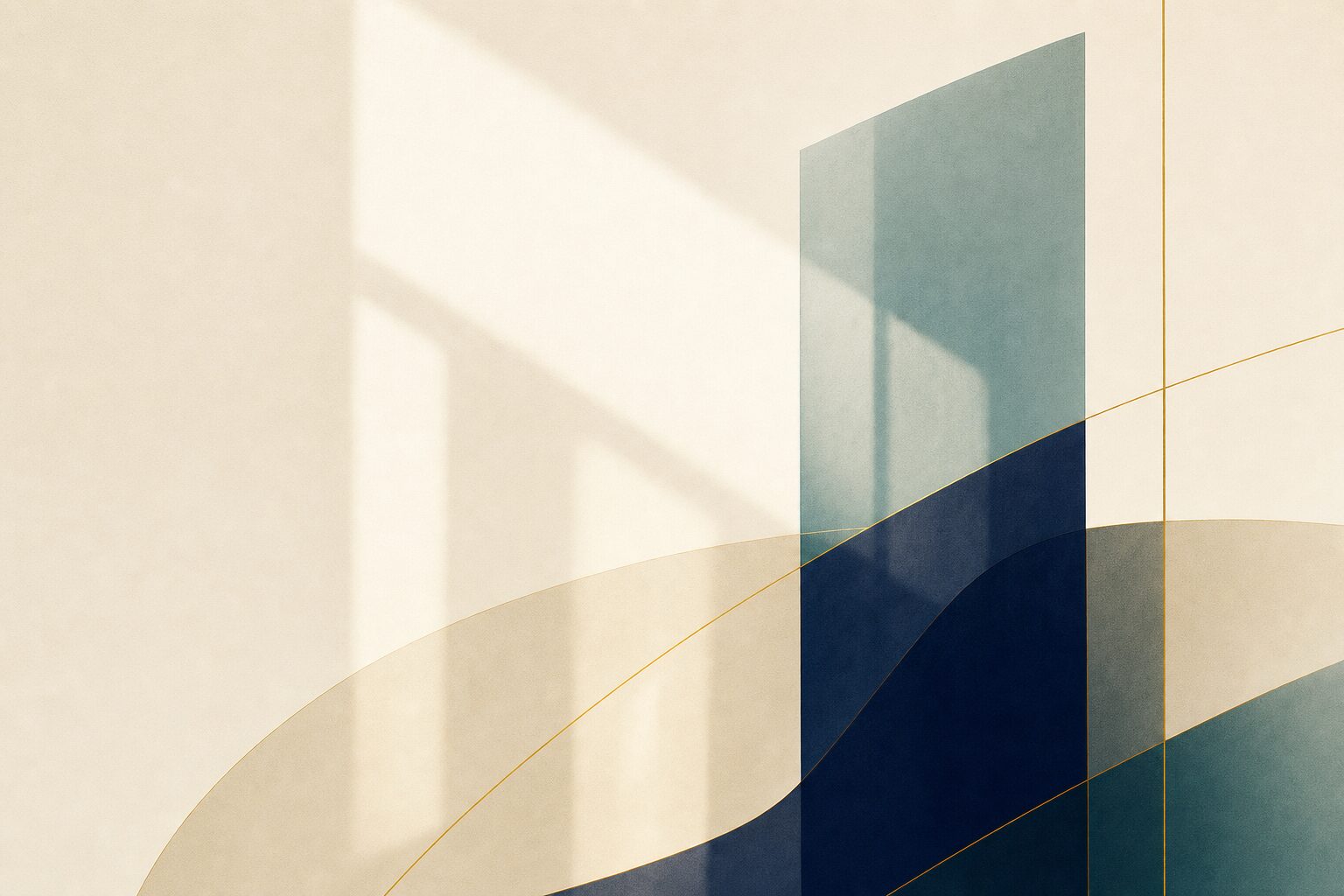 Calm abstract editorial artwork in navy, teal, and gold tones
