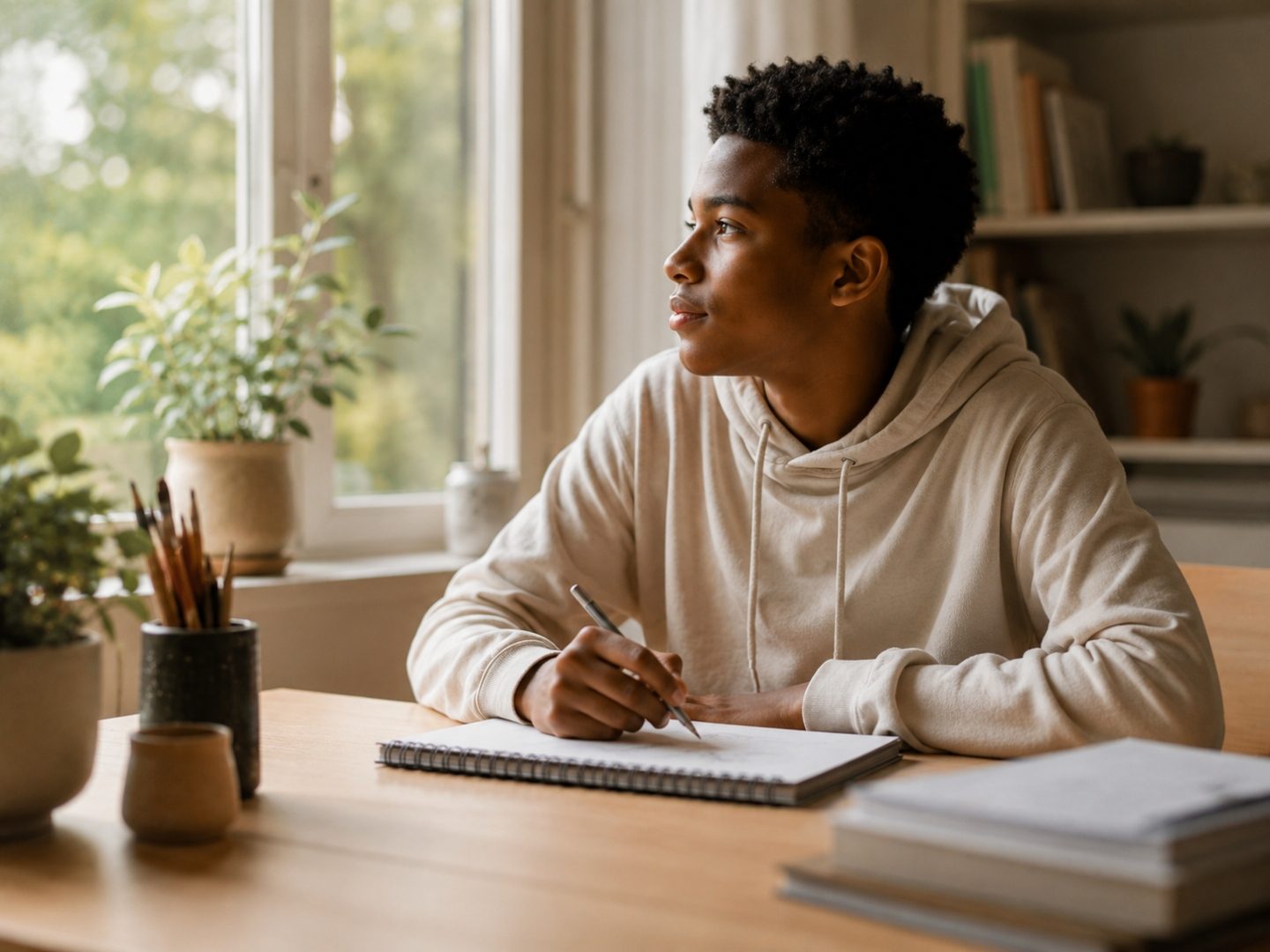 A teenager sitting at a desk by a sunlit window with a notebook, pausing thoughtfully