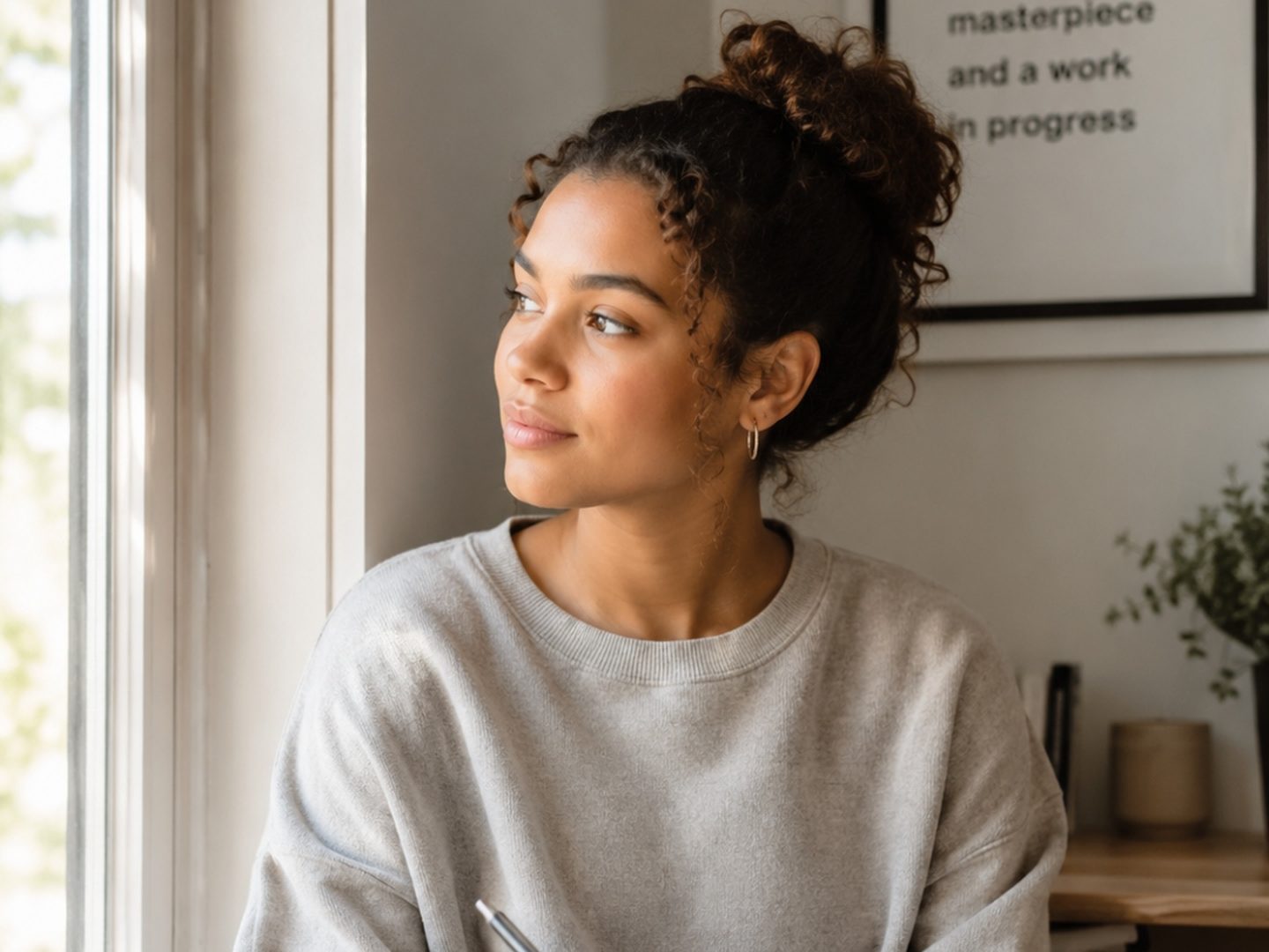 A woman sitting by a sunlit window with a journal, pausing in a calm, reflective moment