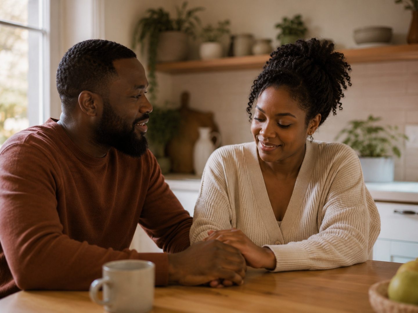 A couple sitting together at a kitchen table, holding hands and talking gently in soft natural light