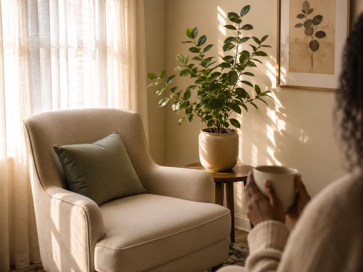 A calm, sunlit room with a soft armchair, plant, and a person holding a warm mug