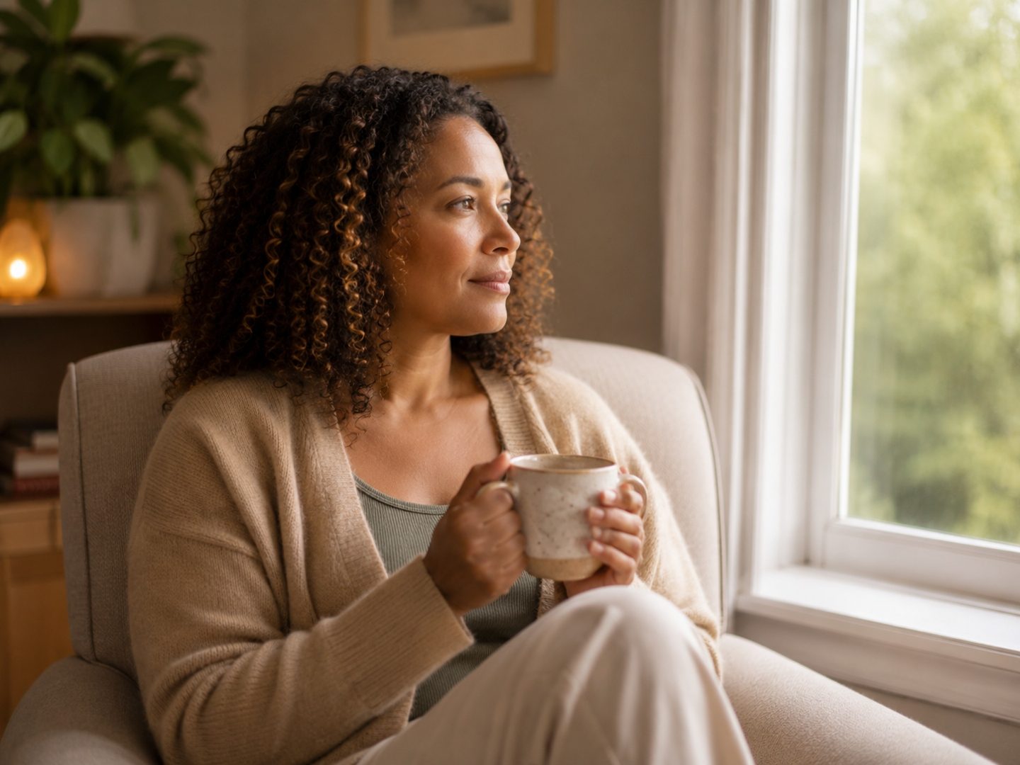A woman sitting in a sunlit chair, holding a warm mug and looking out the window in a calm, reflective moment